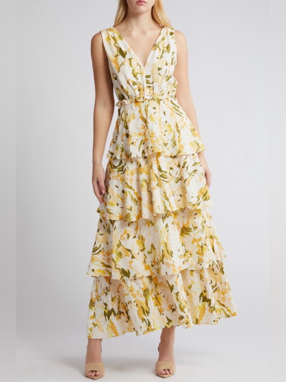 Daniel Rainn Floral Tiered Ruffled Maxi Dress Small Petite SP NWT $99 MSRP